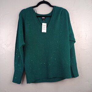 I.N.C. INTERNATIONAL CONCEPTS WOMENS SEQUIN-SHINE V-NECK SW GREEN TOUR L